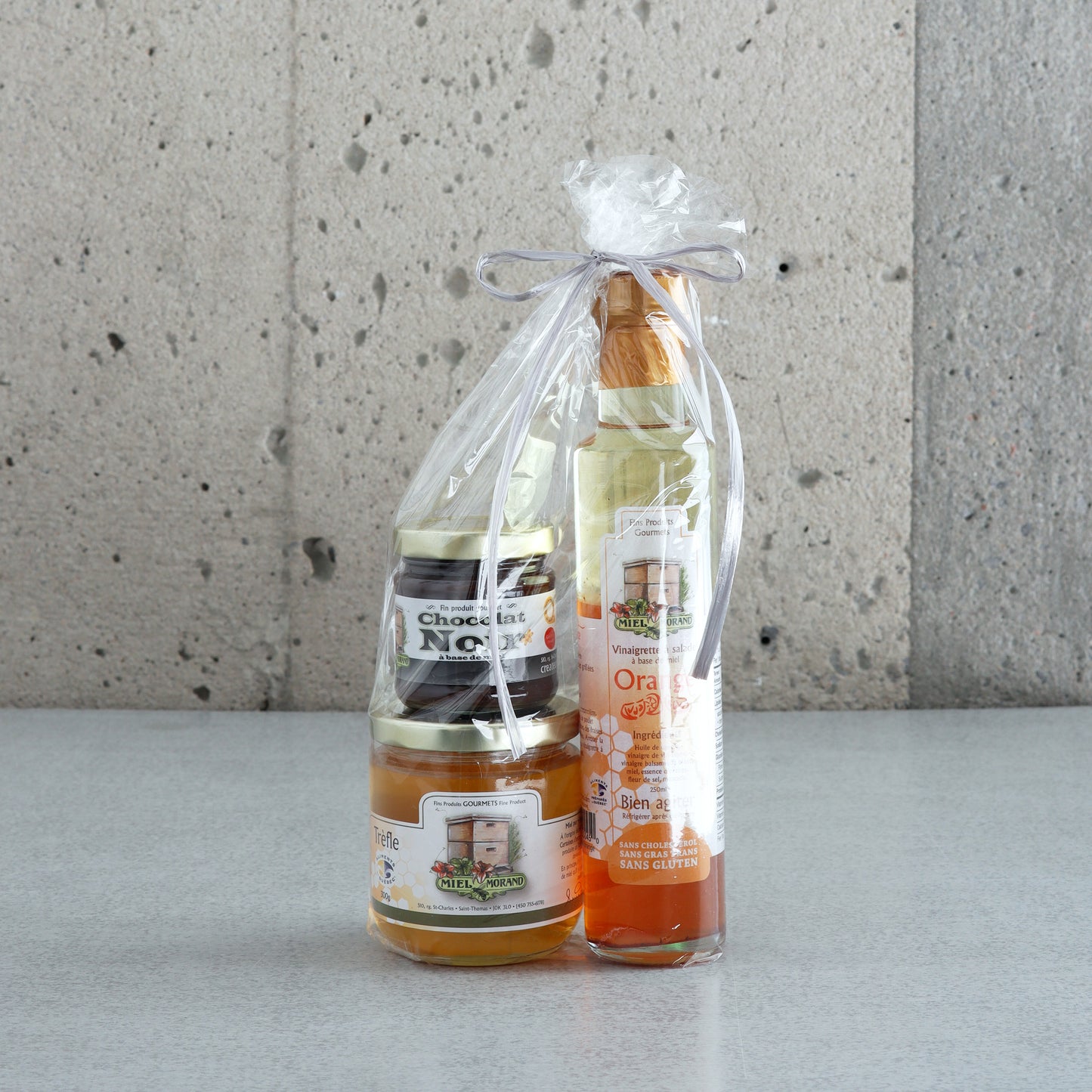 Ensemble-cadeau Miel Morand: Chocolat noir, 300g miel trèfle, vinaigrette orange