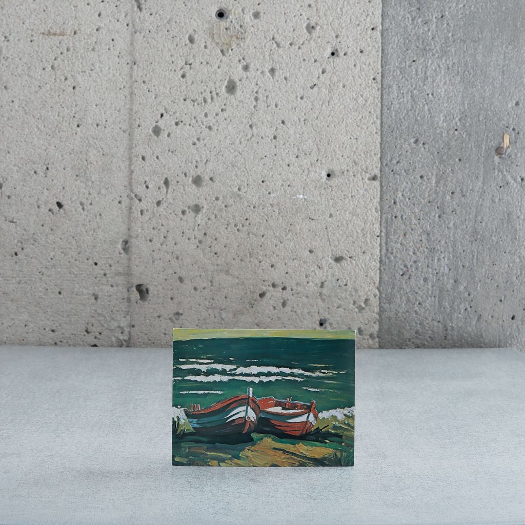 Postcard "Red boats, Gaspésie, 1974" - Wilfrid Corbeil