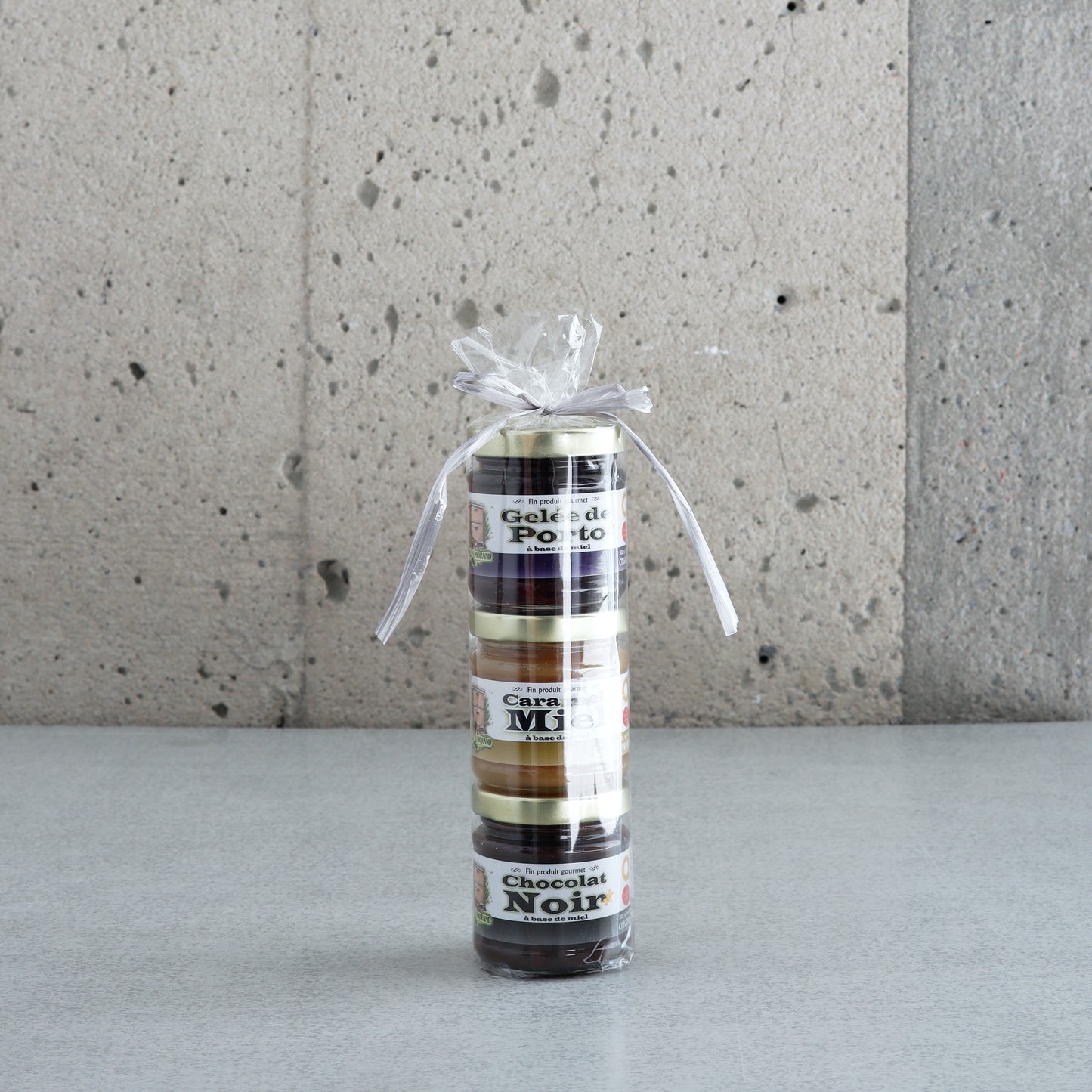 Ensemble-cadeau "3 petits pots" Miel Morand: Gelée porto, Caramel, Chocolat noir